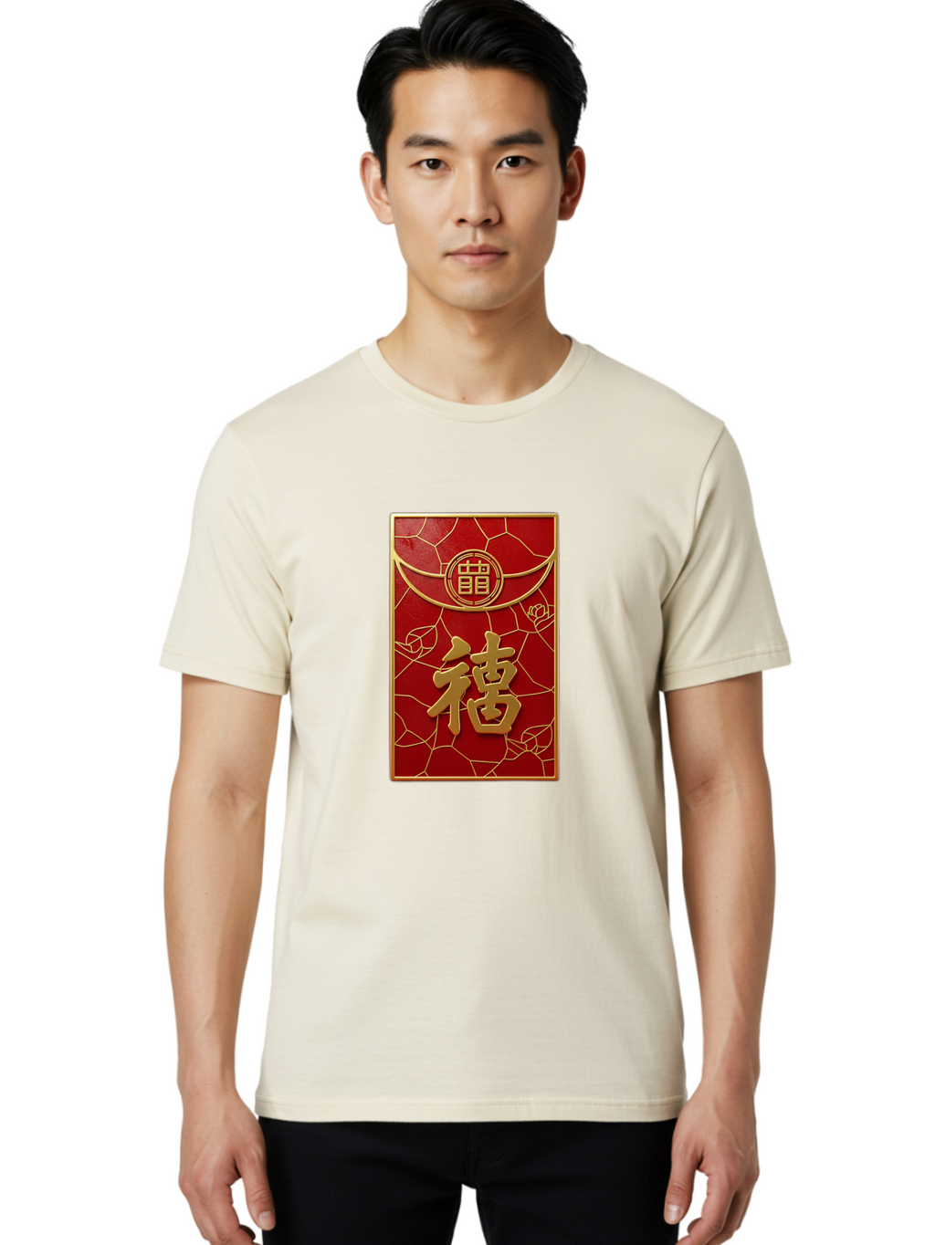 Fu-2 Men'S Graphic Tee, 100% Cotton, Comfortable Casual Summer Wear, Machine Washable, Red Envelope, Gold Chinese Characters, Chinese New Year, Prosperity Symbol, Lucky Money, Cultural Heritage, Traditional Gift, Fu Character, Elegant Design, Baa694