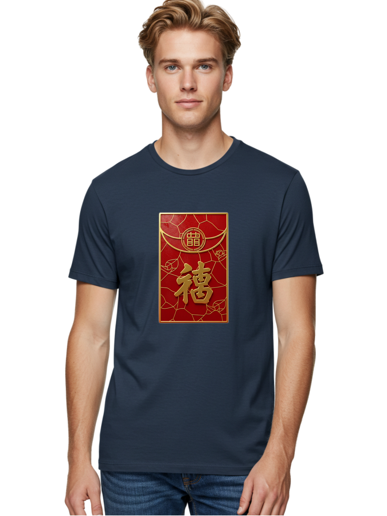 Fu-2 Men'S Graphic Tee, 100% Cotton, Comfortable Casual Summer Wear, Machine Washable, Red Envelope, Gold Chinese Characters, Chinese New Year, Prosperity Symbol, Lucky Money, Cultural Heritage, Traditional Gift, Fu Character, Elegant Design, Baa694
