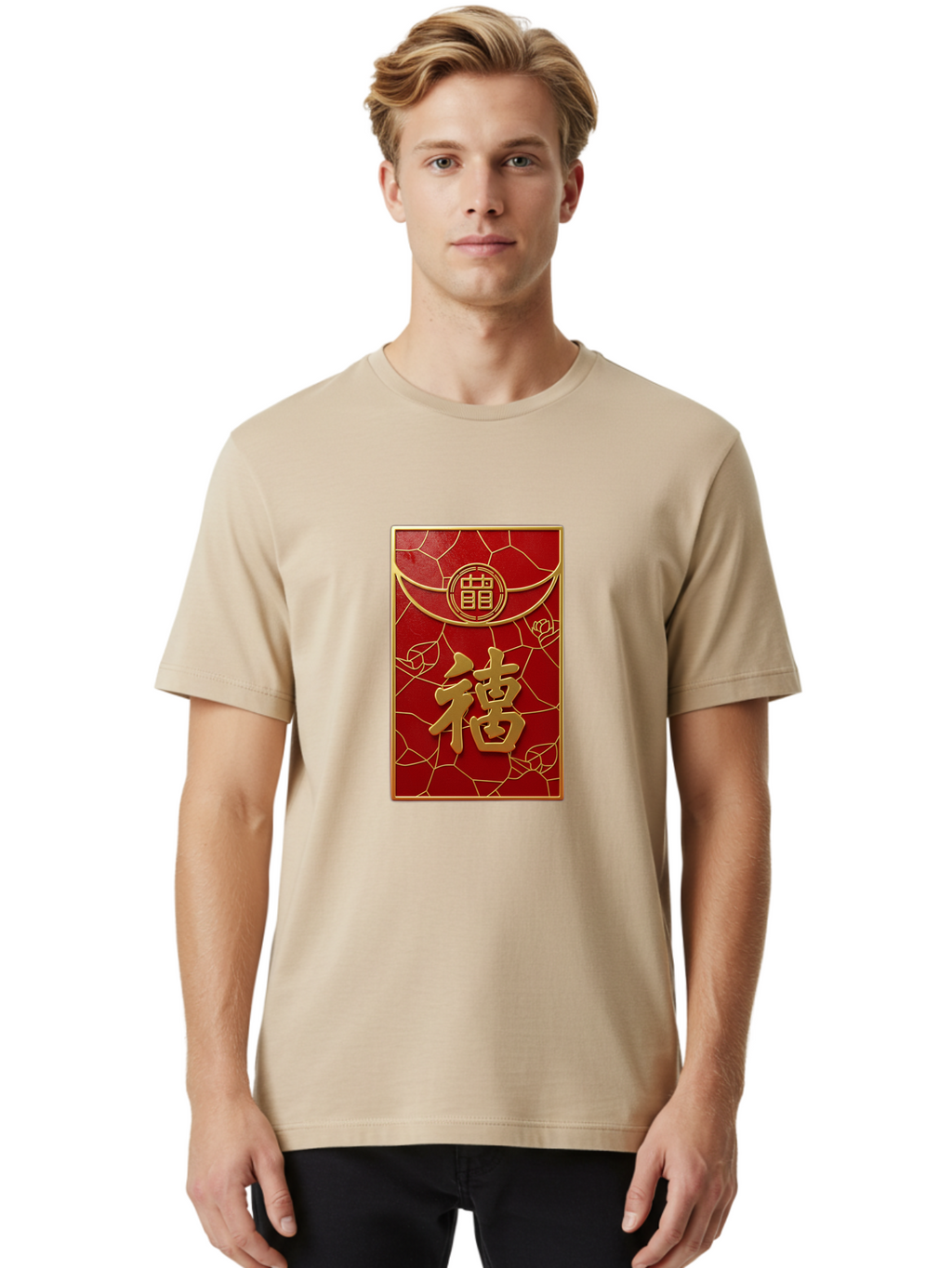 Fu-2 Men'S Graphic Tee, 100% Cotton, Comfortable Casual Summer Wear, Machine Washable, Red Envelope, Gold Chinese Characters, Chinese New Year, Prosperity Symbol, Lucky Money, Cultural Heritage, Traditional Gift, Fu Character, Elegant Design, Baa694
