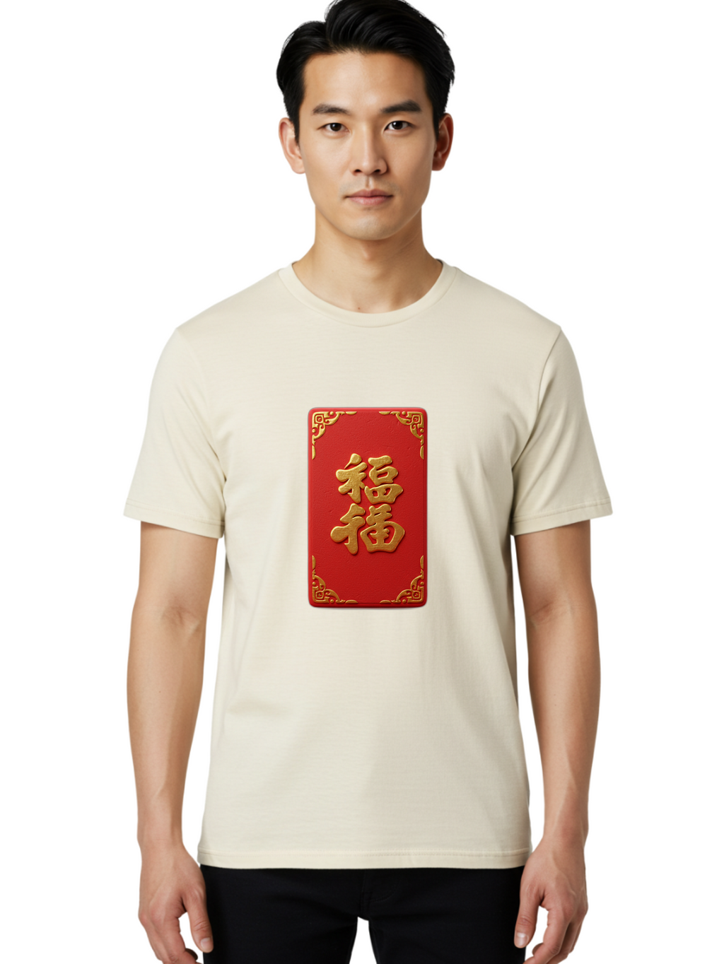 Fu-3 Men'S Graphic Tee, 100% Cotton, Comfortable Casual Summer Wear, Machine Washable, Red Envelope, Gold Trim, Chinese New Year, Good Fortune, Prosperity, Luck, Traditional Culture, Chinese Character Baa695