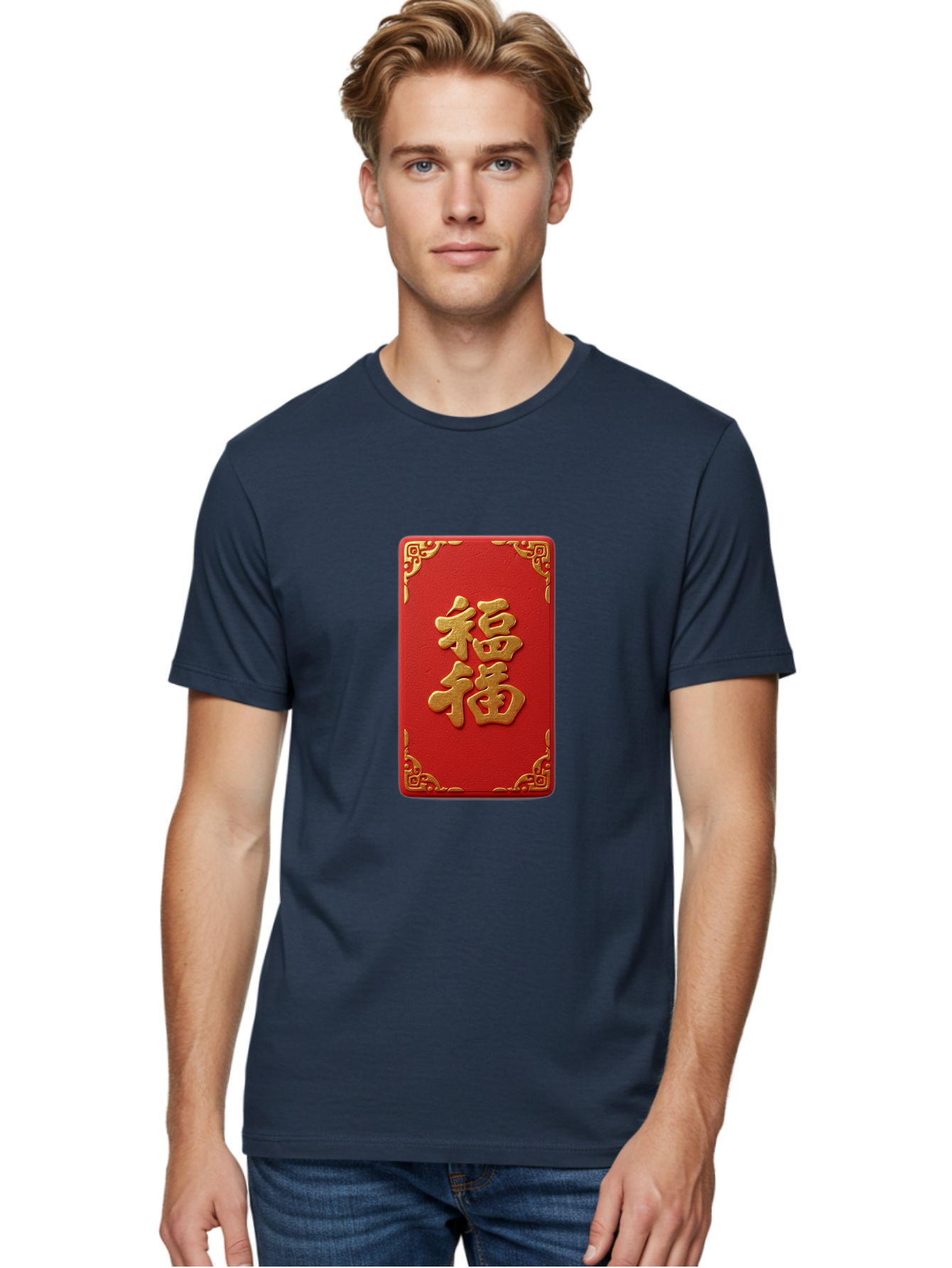 Fu-3 Men'S Graphic Tee, 100% Cotton, Comfortable Casual Summer Wear, Machine Washable, Red Envelope, Gold Trim, Chinese New Year, Good Fortune, Prosperity, Luck, Traditional Culture, Chinese Character Baa695