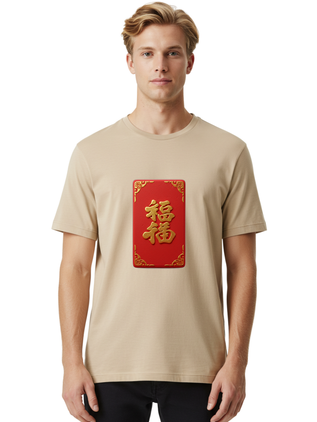 Fu-3 Men'S Graphic Tee, 100% Cotton, Comfortable Casual Summer Wear, Machine Washable, Red Envelope, Gold Trim, Chinese New Year, Good Fortune, Prosperity, Luck, Traditional Culture, Chinese Character Baa695
