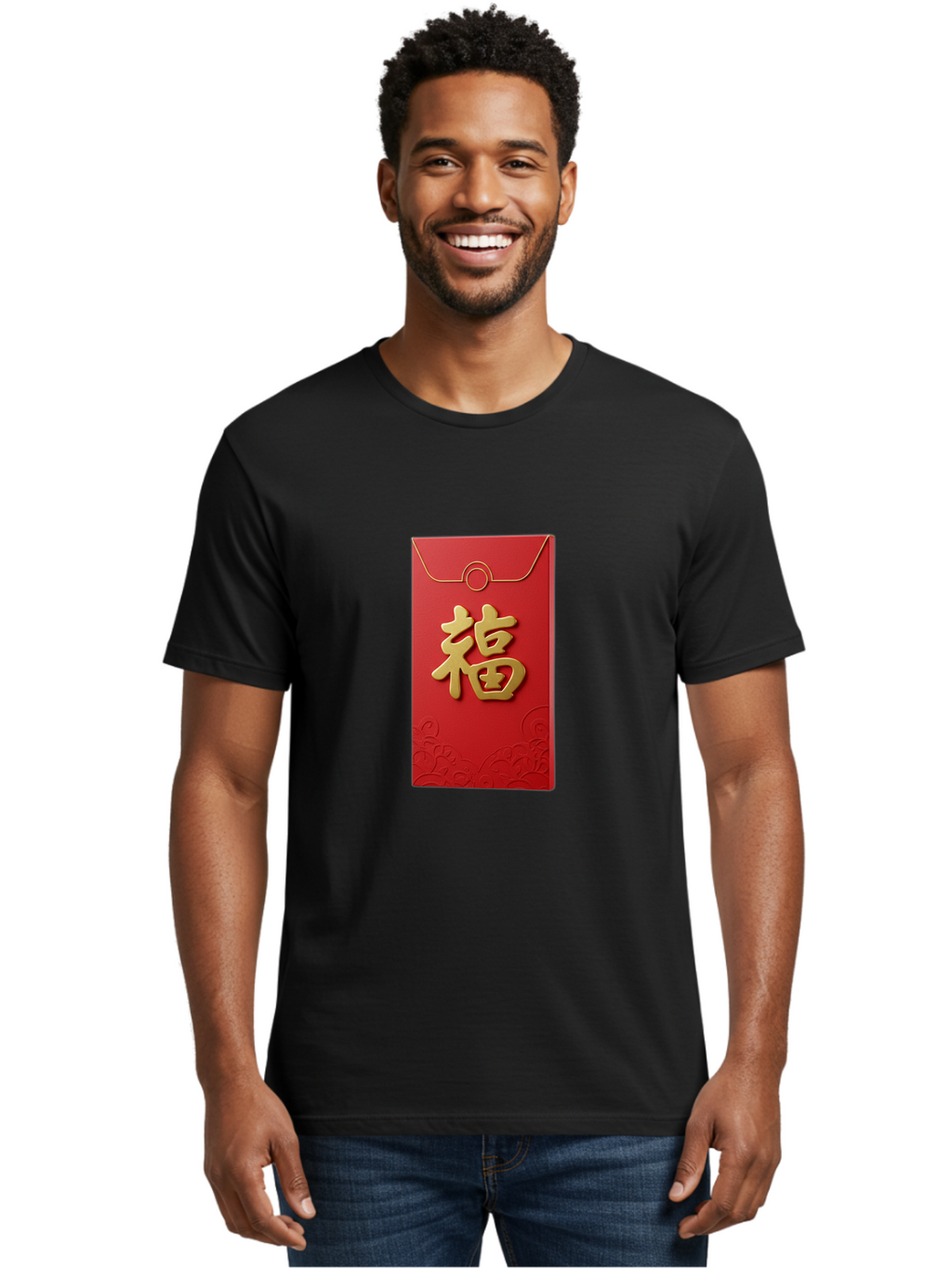 Fu-4 Men'S Graphic Tee, 100% Cotton, Comfortable Casual Summer Wear, Machine Washable, Red Envelope, Gold Character, Chinese New Year, Lucky Money, Prosperity Symbol, Cultural Tradition, Festive Gift, Auspicious Charm Baa696