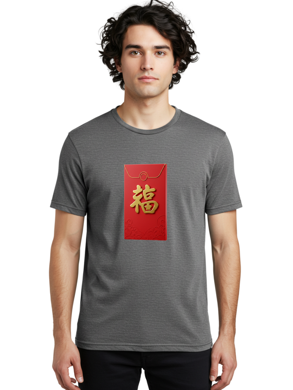 Fu-4 Men'S Graphic Tee, 100% Cotton, Comfortable Casual Summer Wear, Machine Washable, Red Envelope, Gold Character, Chinese New Year, Lucky Money, Prosperity Symbol, Cultural Tradition, Festive Gift, Auspicious Charm Baa696