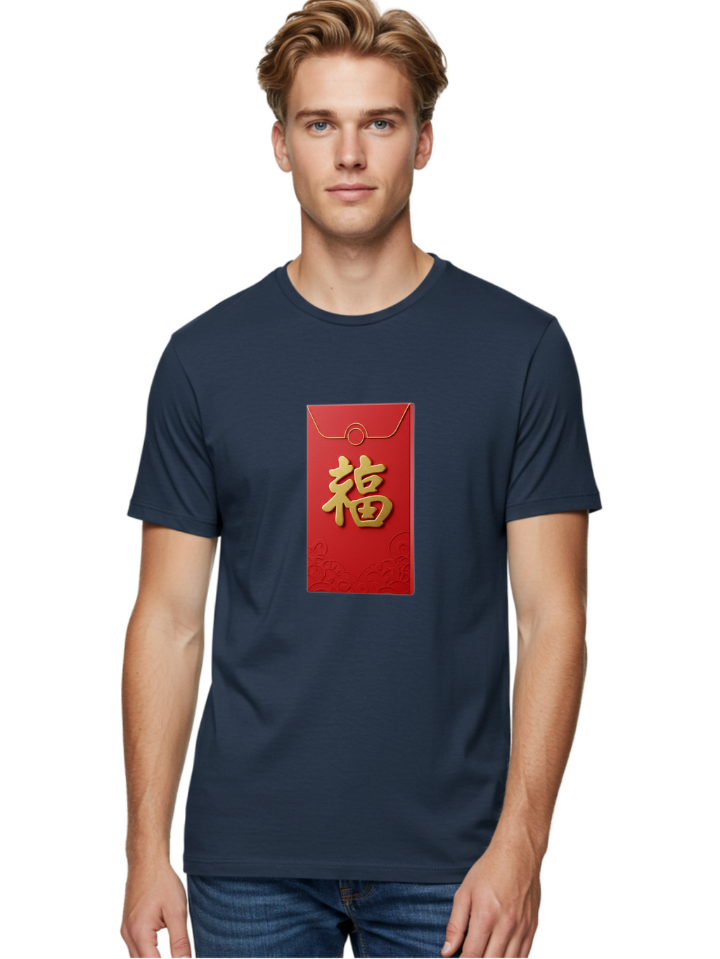 Fu-4 Men'S Graphic Tee, 100% Cotton, Comfortable Casual Summer Wear, Machine Washable, Red Envelope, Gold Character, Chinese New Year, Lucky Money, Prosperity Symbol, Cultural Tradition, Festive Gift, Auspicious Charm Baa696