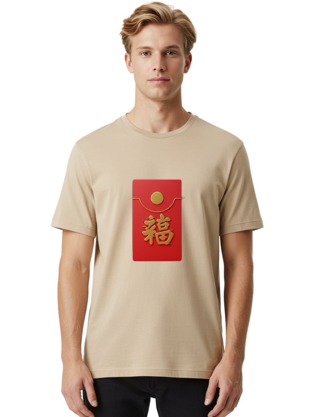 Fu-5 Men'S Graphic Tee, 100% Cotton, Comfortable Casual Summer Wear, Machine Washable, Red Envelope With Gold Seal, Chinese New Year, Prosperity Symbol, Good Fortune, Lucky Money, Cultural Tradition, Festive Gift Baa697