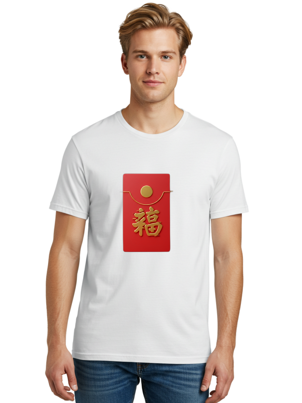 Fu-5 Men'S Graphic Tee, 100% Cotton, Comfortable Casual Summer Wear, Machine Washable, Red Envelope With Gold Seal, Chinese New Year, Prosperity Symbol, Good Fortune, Lucky Money, Cultural Tradition, Festive Gift Baa697