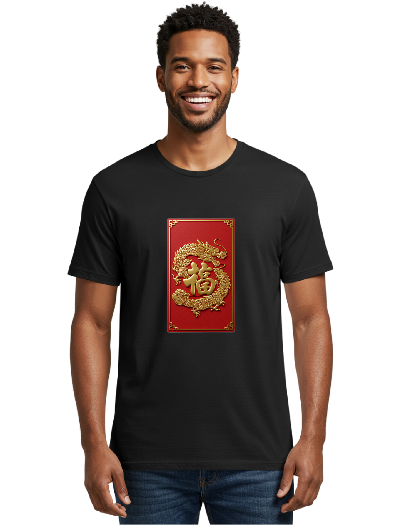 Fu-Dragon Men'S Graphic Tee, 100% Cotton, Comfortable Casual Summer Wear, Machine Washable, Golden Dragon, Chinese Character, Red Envelope, Good Fortune, Prosperity, Chinese New Year, Dragon Symbol, Auspicious Design Baa699