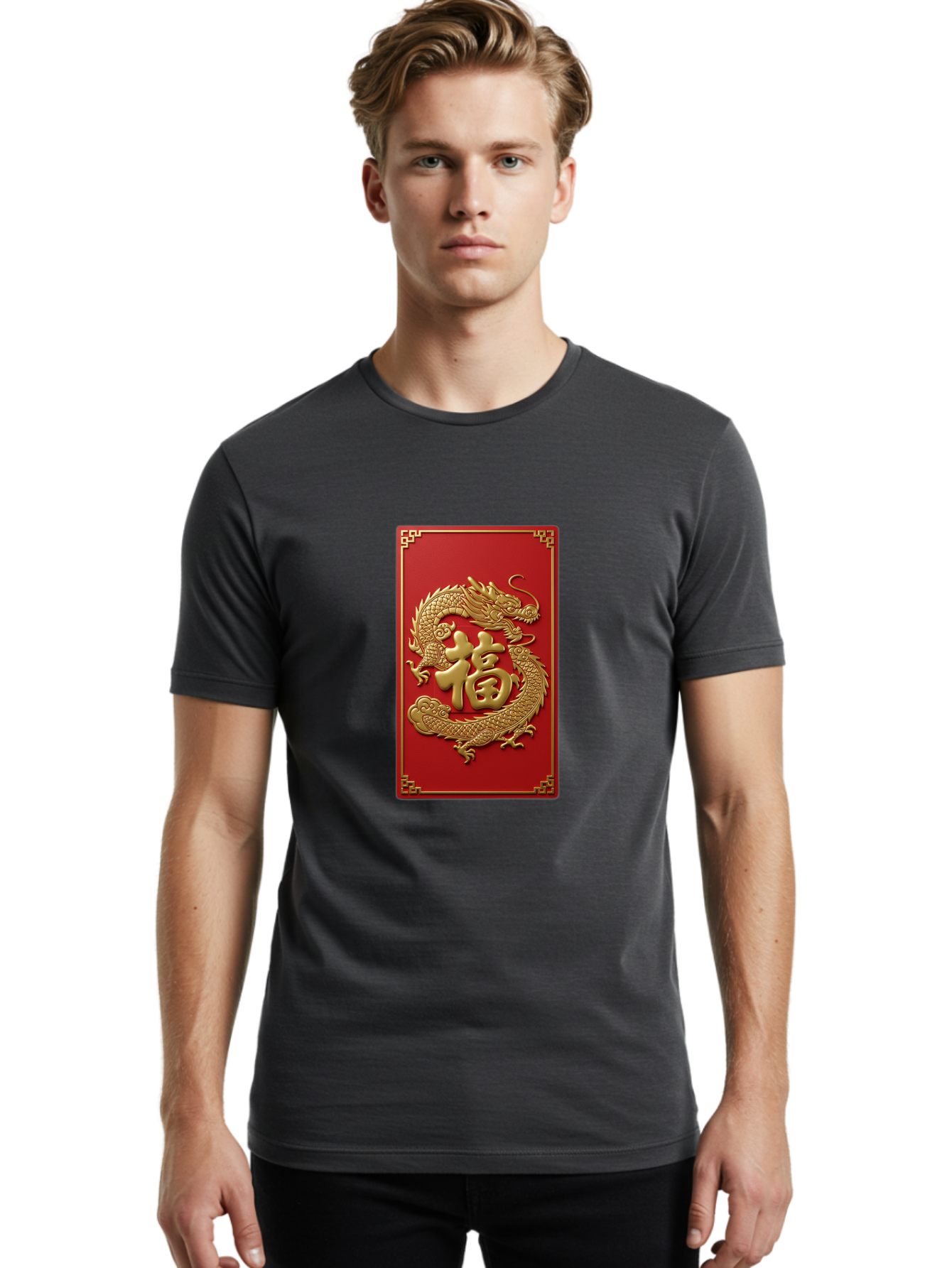 Fu-Dragon Men'S Graphic Tee, 100% Cotton, Comfortable Casual Summer Wear, Machine Washable, Golden Dragon, Chinese Character, Red Envelope, Good Fortune, Prosperity, Chinese New Year, Dragon Symbol, Auspicious Design Baa699
