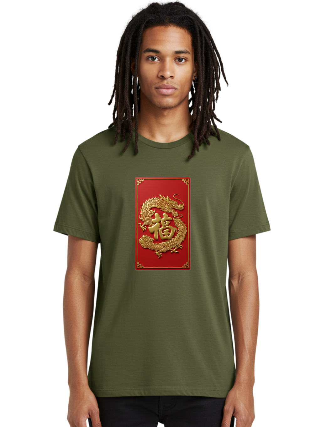 Fu-Dragon Men'S Graphic Tee, 100% Cotton, Comfortable Casual Summer Wear, Machine Washable, Golden Dragon, Chinese Character, Red Envelope, Good Fortune, Prosperity, Chinese New Year, Dragon Symbol, Auspicious Design Baa699