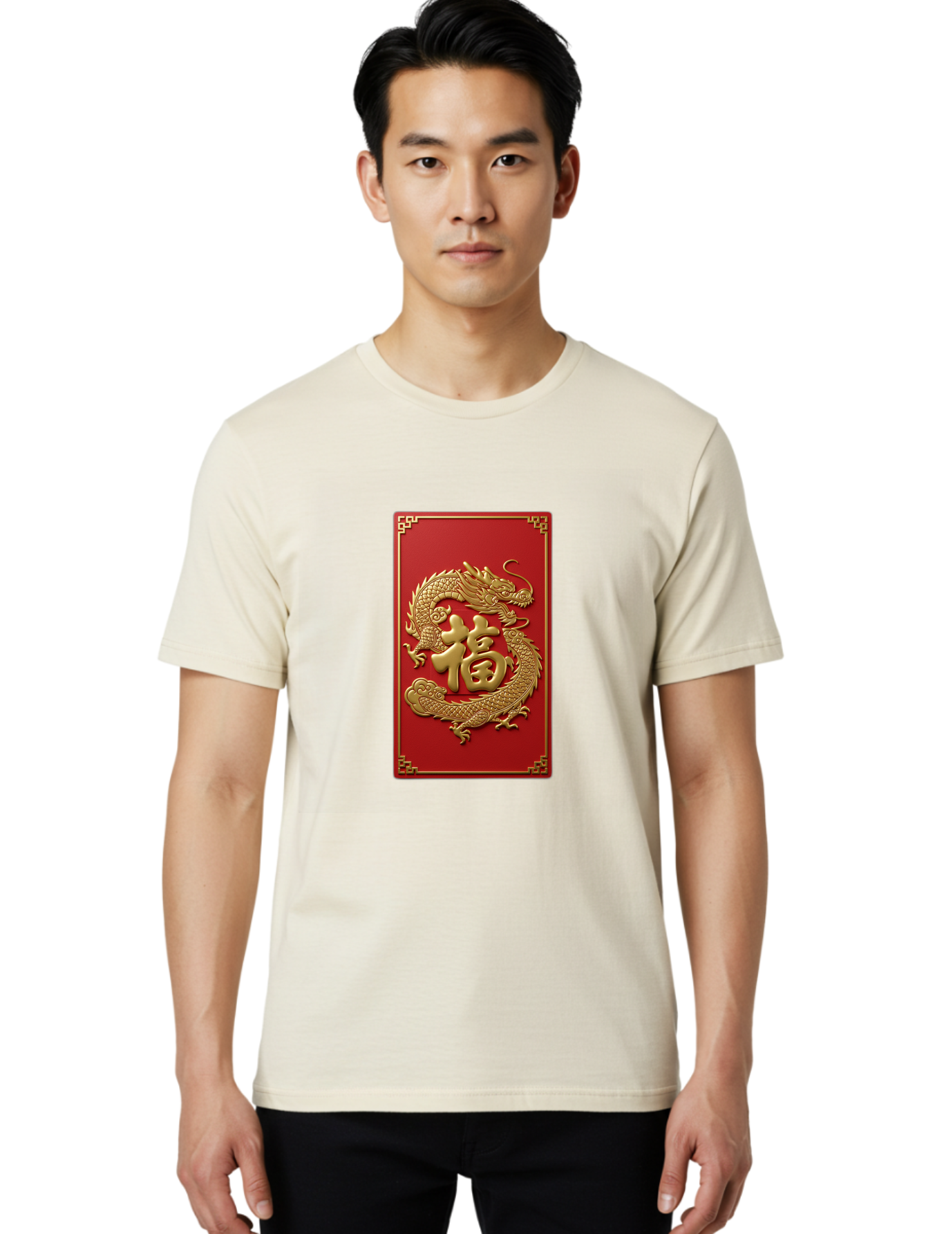 Fu-Dragon Men'S Graphic Tee, 100% Cotton, Comfortable Casual Summer Wear, Machine Washable, Golden Dragon, Chinese Character, Red Envelope, Good Fortune, Prosperity, Chinese New Year, Dragon Symbol, Auspicious Design Baa699