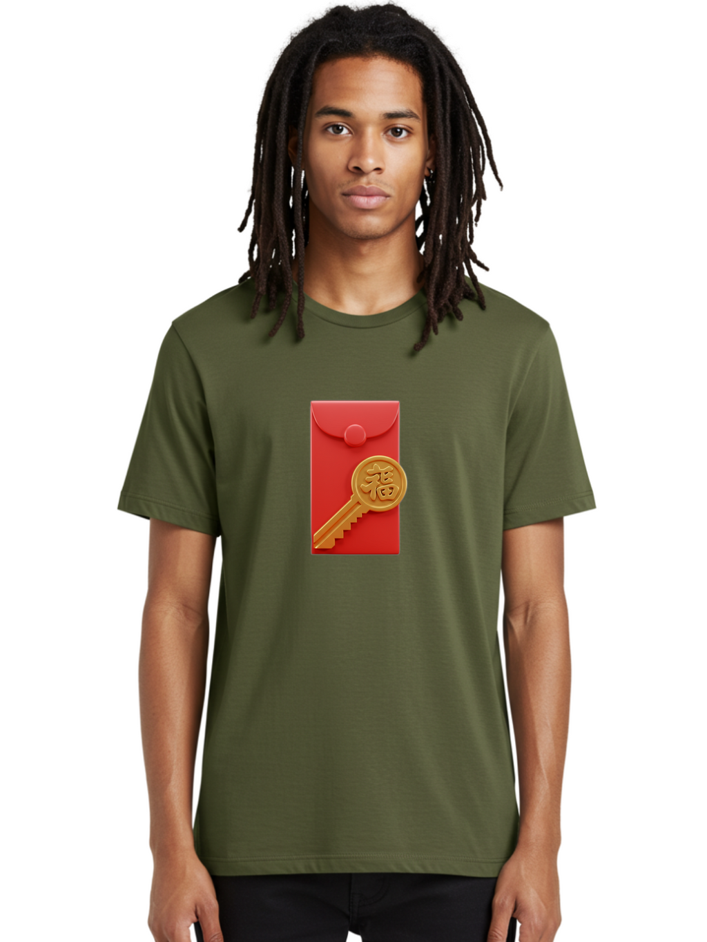 Fu-Key-Envelope Men'S Graphic Tee, 100% Cotton, Comfortable Casual Summer Wear, Machine Washable, Red Envelope, Gold Key, Chinese Character, Fu Symbol, Prosperity, Good Fortune, Luck, Chinese New Year, Gift Baa701