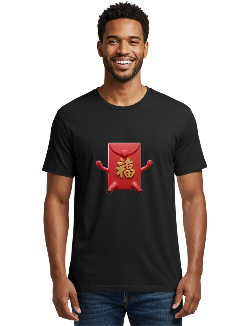 Fu-Lu Men'S Graphic Tee, 100% Cotton, Comfortable Casual Summer Wear, Machine Washable, Red Envelope Character, Chinese New Year, Hongbao Design, Playful Animation, Gold Chinese Characters, Cultural Symbol, Festive Greeting, Lucky Money Baa702