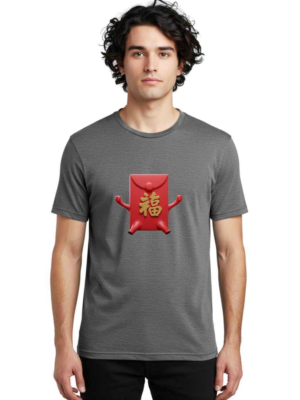Fu-Lu Men'S Graphic Tee, 100% Cotton, Comfortable Casual Summer Wear, Machine Washable, Red Envelope Character, Chinese New Year, Hongbao Design, Playful Animation, Gold Chinese Characters, Cultural Symbol, Festive Greeting, Lucky Money Baa702