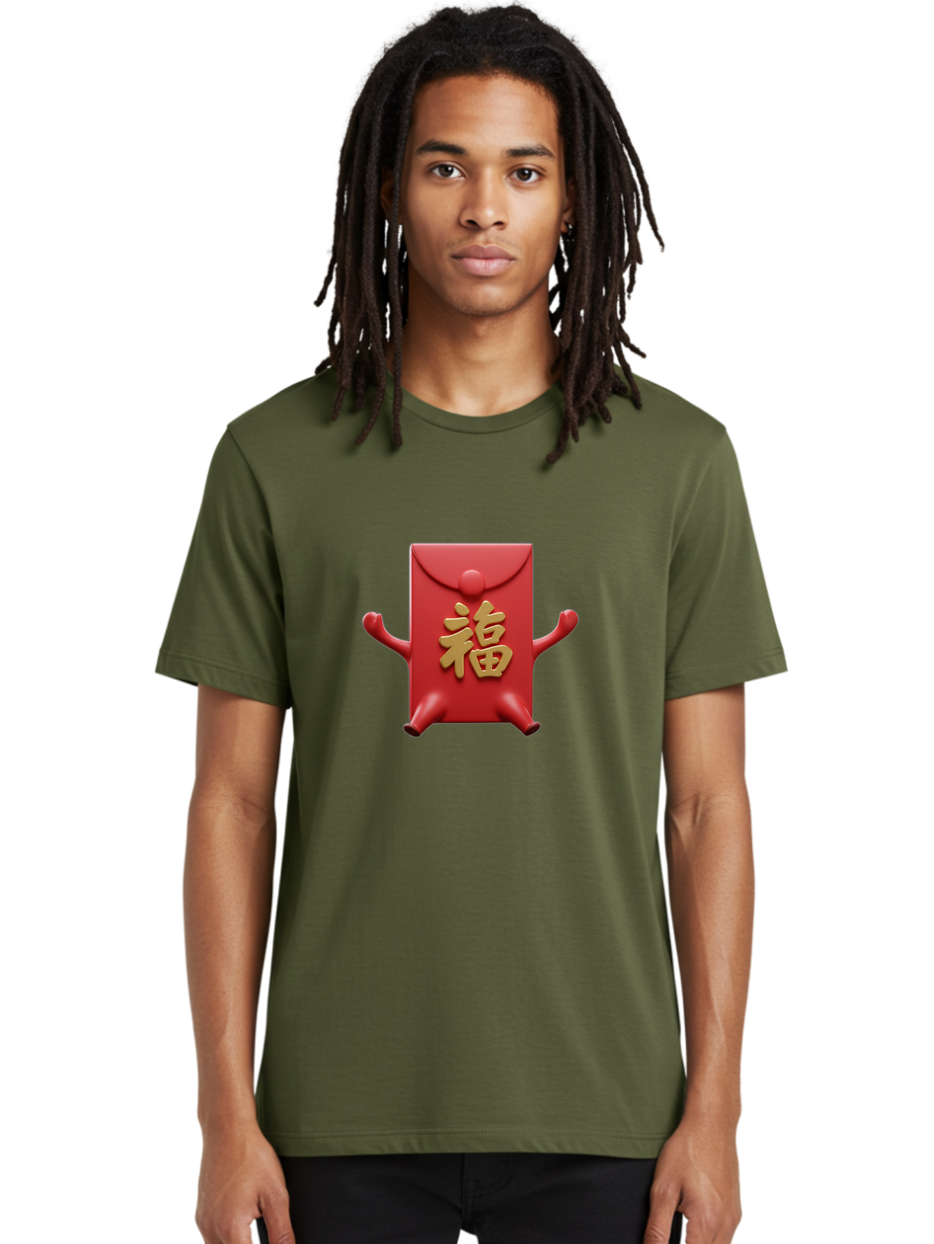 Fu-Lu Men'S Graphic Tee, 100% Cotton, Comfortable Casual Summer Wear, Machine Washable, Red Envelope Character, Chinese New Year, Hongbao Design, Playful Animation, Gold Chinese Characters, Cultural Symbol, Festive Greeting, Lucky Money Baa702