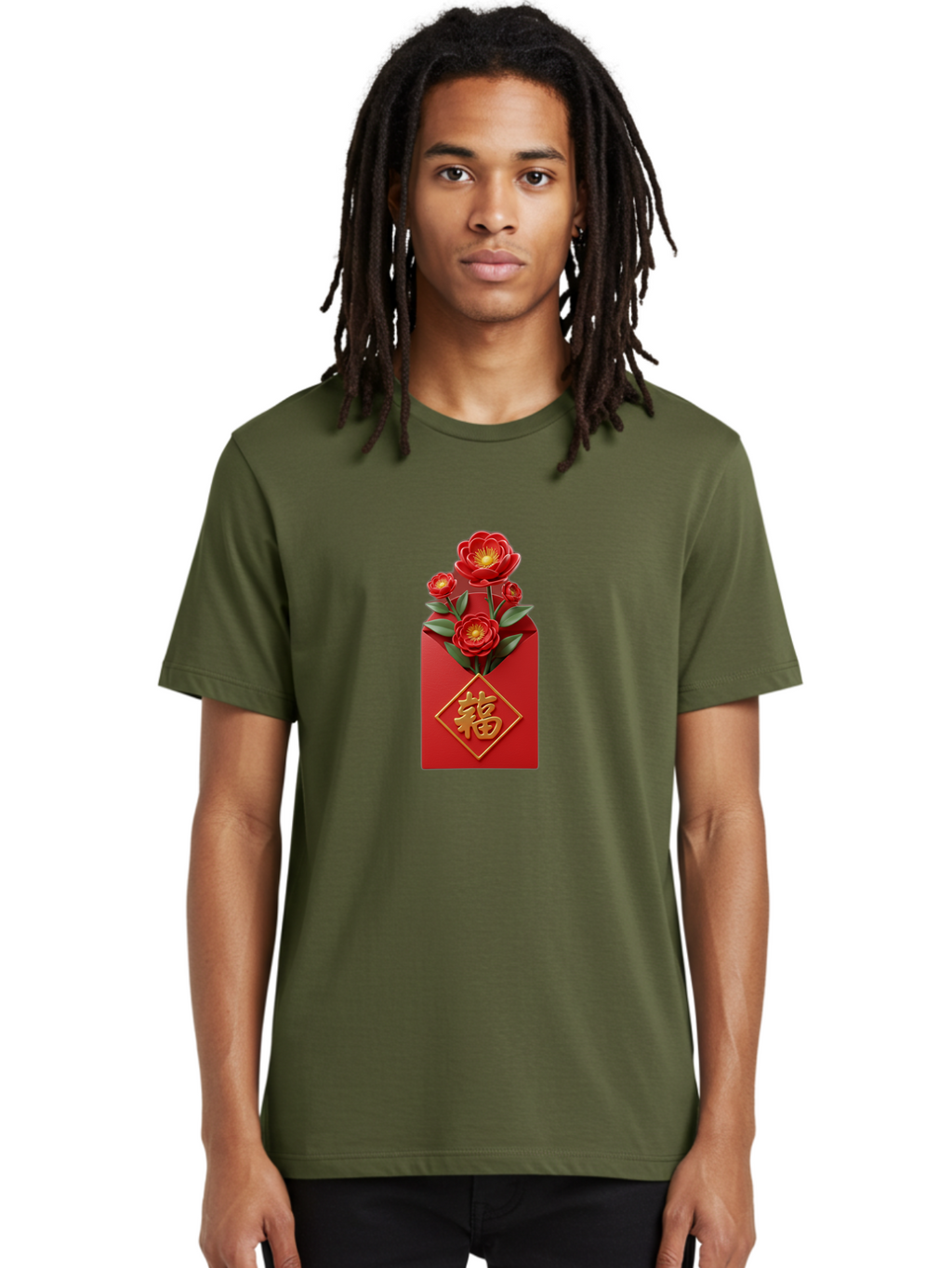 Fu-Red-Envelope-1 Men'S Graphic Tee, 100% Cotton, Comfortable Casual Summer Wear, Machine Washable, Red Envelope With Flowers, Chinese New Year Decoration, Blooming Flowers, Gold Chinese Character, Fu Symbol, Prosperity Symbol, Good Fortune, Baa703