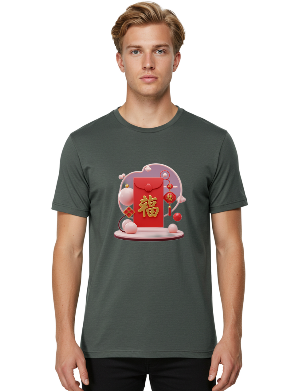 Fu-Red-Envelope Men'S Graphic Tee, 100% Cotton, Comfortable Casual Summer Wear, Machine Washable, Red Envelope, Chinese New Year, Fu Character, Gold Symbol, Traditional Decoration, Cultural Heritage, Prosperity, Good Fortune, Baa704