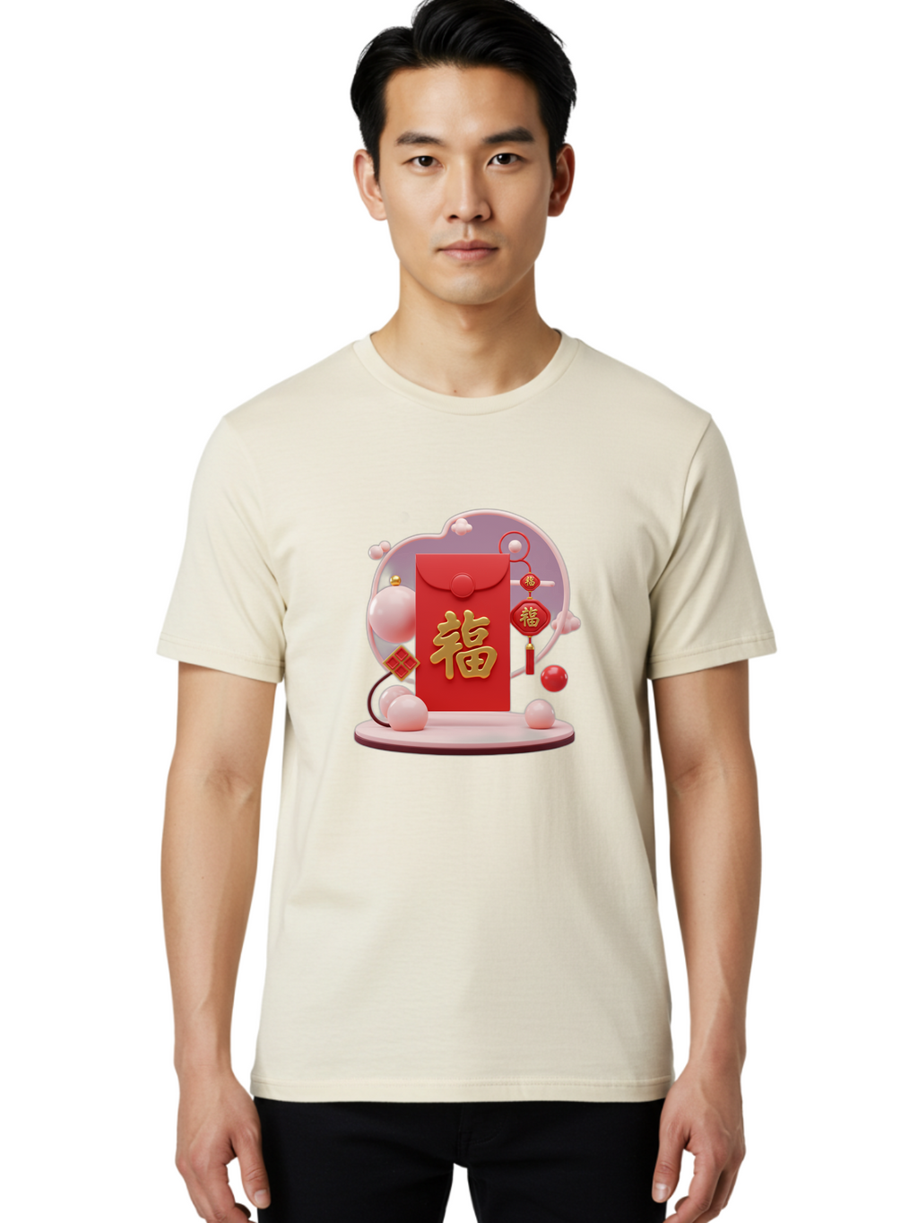 Fu-Red-Envelope Men'S Graphic Tee, 100% Cotton, Comfortable Casual Summer Wear, Machine Washable, Red Envelope, Chinese New Year, Fu Character, Gold Symbol, Traditional Decoration, Cultural Heritage, Prosperity, Good Fortune, Baa704