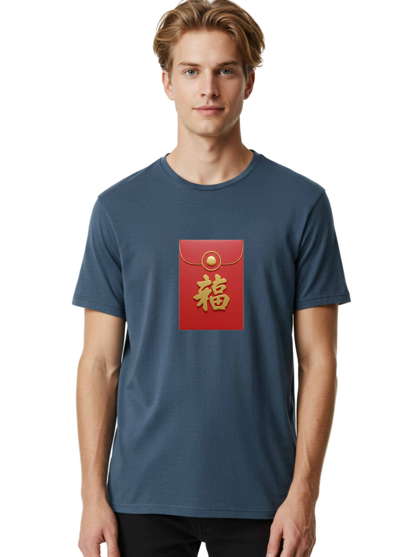 Fu Men'S Graphic Tee, 100% Cotton, Comfortable Casual Summer Wear, Machine Washable, Red Envelope With Gold Clasp, Chinese Character For Good Fortune, Fu Symbol, Gold Accents, Traditional Chinese Gift, Auspicious Symbol, Lucky Charm, Baa705