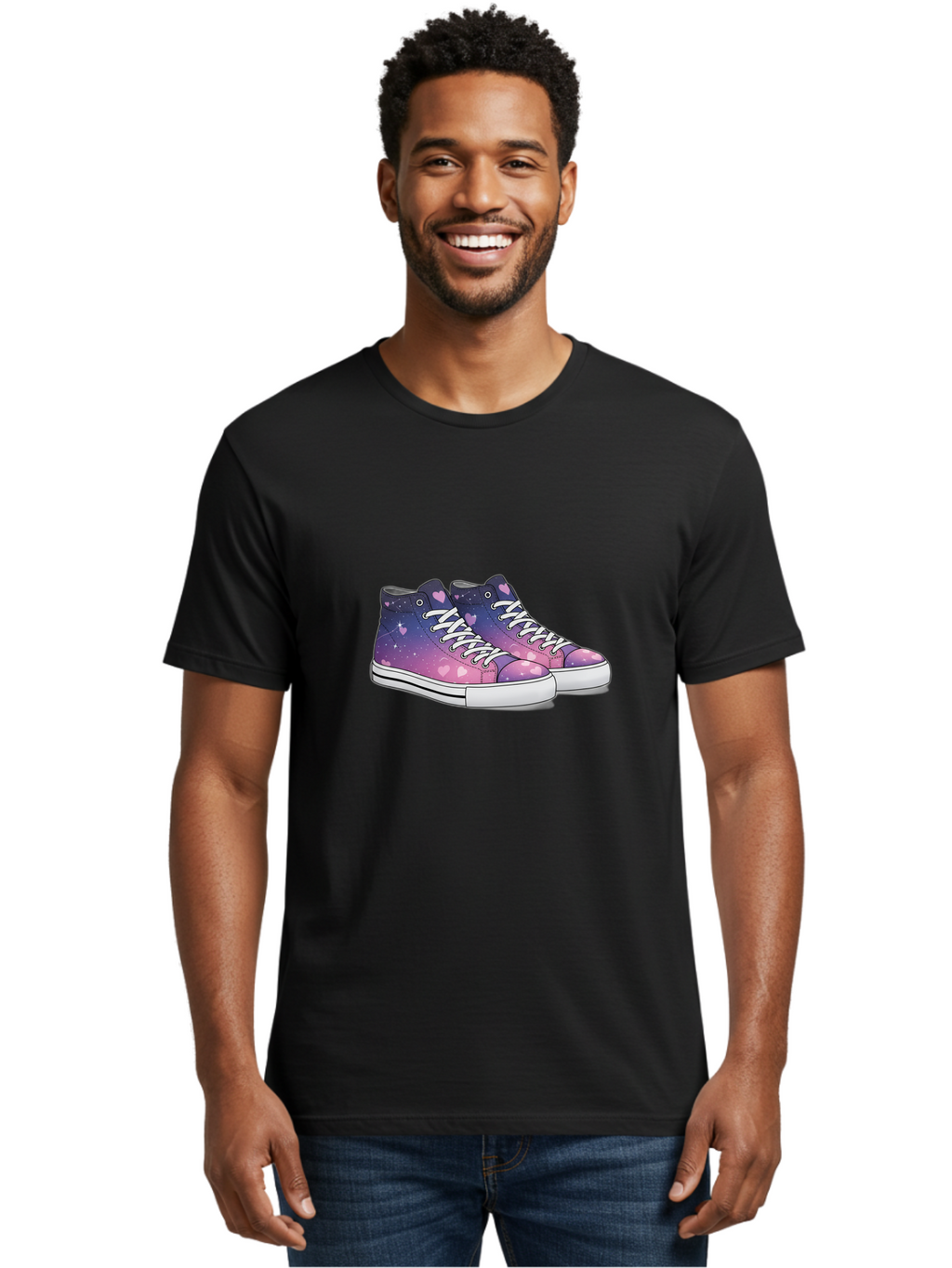 Galaxy-Sneakers Men'S Graphic Tee, 100% Cotton, Comfortable Casual Summer Wear, Machine Washable, Galaxy Print Sneakers, Purple And Pink Ombre, Heart Details, White Laces, Platform Shoes, Fashion Sneakers, Trendy Footwear, Cartoon Style, Baa707