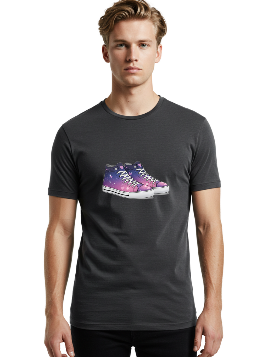 Galaxy-Sneakers Men'S Graphic Tee, 100% Cotton, Comfortable Casual Summer Wear, Machine Washable, Galaxy Print Sneakers, Purple And Pink Ombre, Heart Details, White Laces, Platform Shoes, Fashion Sneakers, Trendy Footwear, Cartoon Style, Baa707