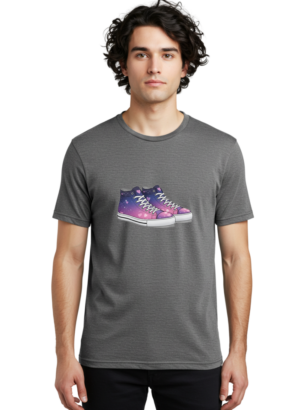 Galaxy-Sneakers Men'S Graphic Tee, 100% Cotton, Comfortable Casual Summer Wear, Machine Washable, Galaxy Print Sneakers, Purple And Pink Ombre, Heart Details, White Laces, Platform Shoes, Fashion Sneakers, Trendy Footwear, Cartoon Style, Baa707