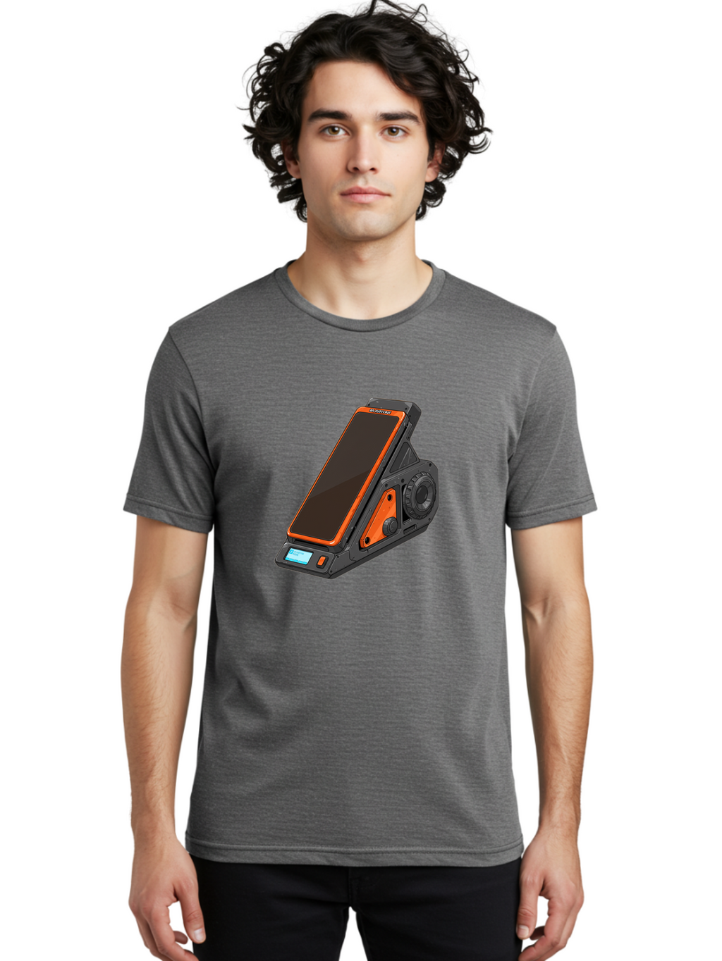 Gaming-Phone-Holder Men'S Graphic Tee, 100% Cotton, Comfortable Casual Summer Wear, Machine Washable, Smartphone With Gaming Features, Orange Accents, Black Design, Futuristic Technology, Gaming Phone, High-Performance Device, Baa708