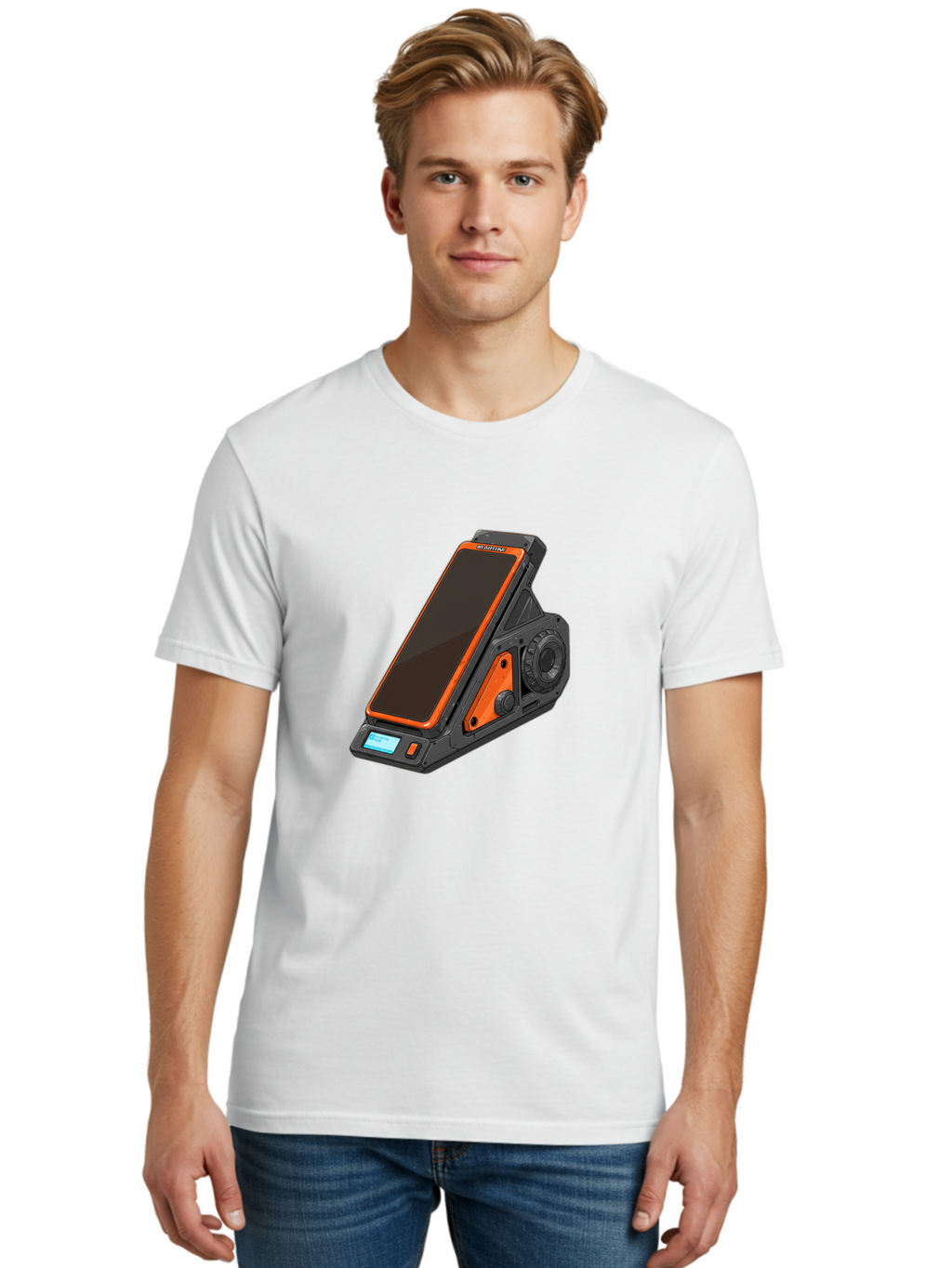 Gaming-Phone-Holder Men'S Graphic Tee, 100% Cotton, Comfortable Casual Summer Wear, Machine Washable, Smartphone With Gaming Features, Orange Accents, Black Design, Futuristic Technology, Gaming Phone, High-Performance Device, Baa708