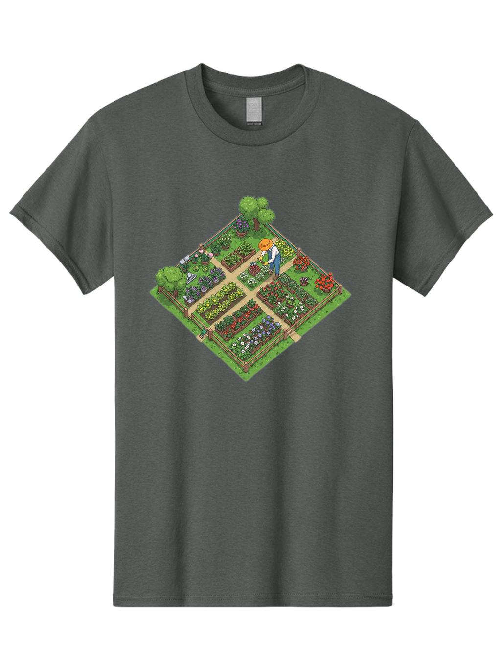 Garden-Scene Men'S Graphic Tee, 100% Cotton, Comfortable Casual Summer Wear, Machine Washable, Gardening Scene, Garden Landscape, Flower Beds, Vibrant Flowers, Gardener At Work, Wooden Fence, Lush Greenery, Serene Atmosphere, Isometric View, Baa710