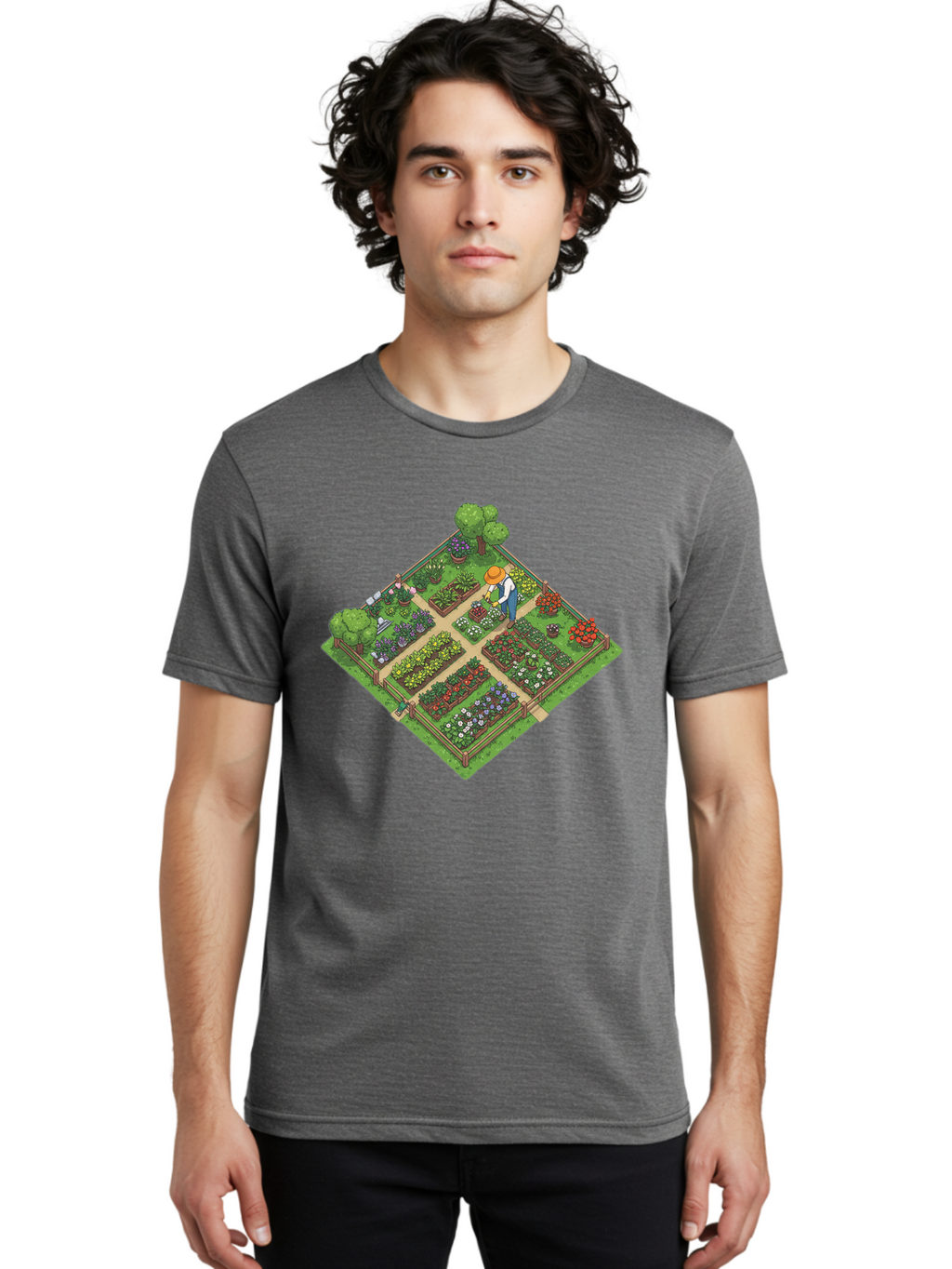 Garden-Scene Men'S Graphic Tee, 100% Cotton, Comfortable Casual Summer Wear, Machine Washable, Gardening Scene, Garden Landscape, Flower Beds, Vibrant Flowers, Gardener At Work, Wooden Fence, Lush Greenery, Serene Atmosphere, Isometric View, Baa710