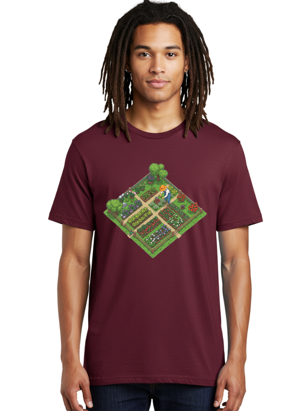 Garden-Scene Men'S Graphic Tee, 100% Cotton, Comfortable Casual Summer Wear, Machine Washable, Gardening Scene, Garden Landscape, Flower Beds, Vibrant Flowers, Gardener At Work, Wooden Fence, Lush Greenery, Serene Atmosphere, Isometric View, Baa710