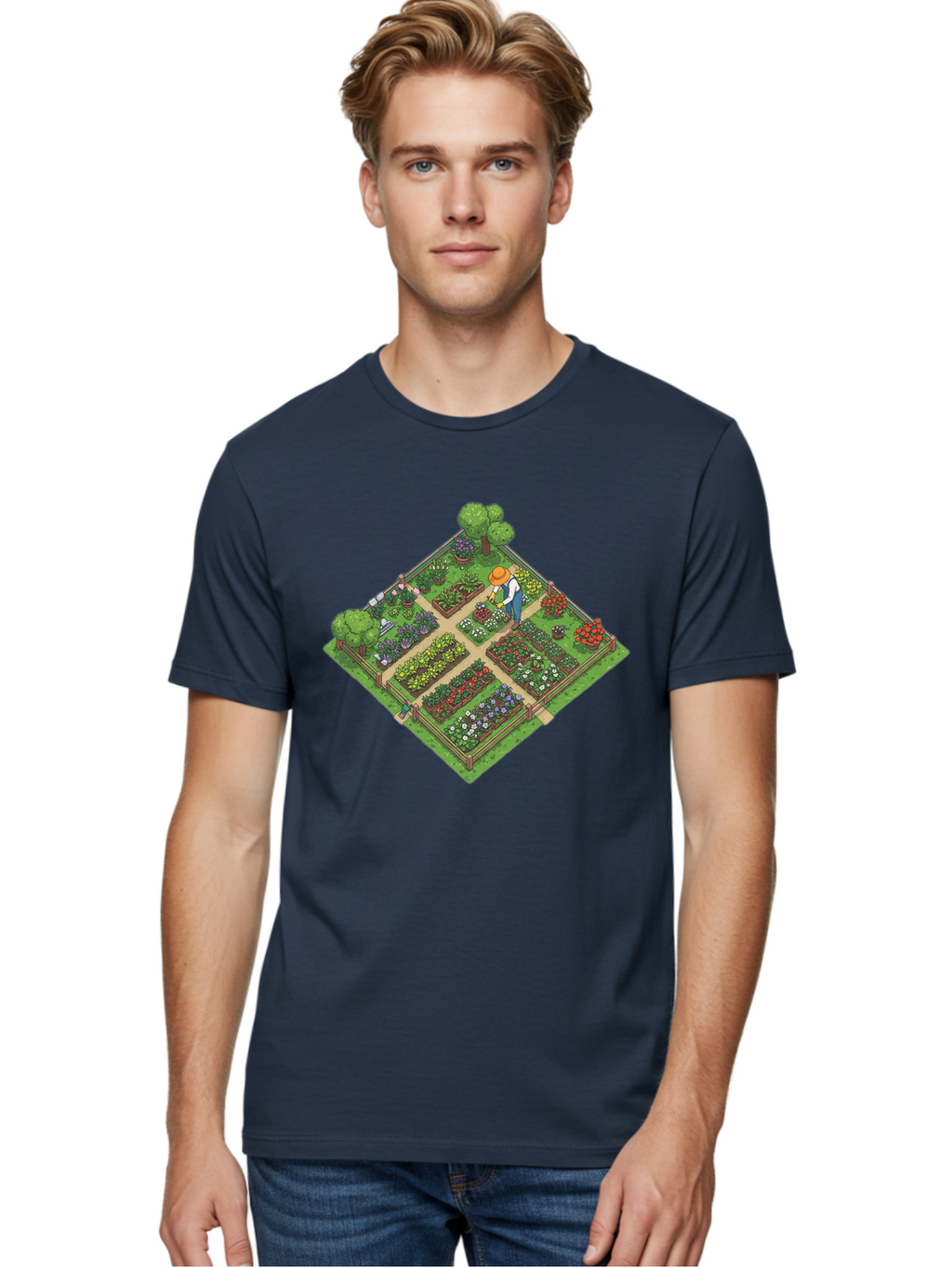 Garden-Scene Men'S Graphic Tee, 100% Cotton, Comfortable Casual Summer Wear, Machine Washable, Gardening Scene, Garden Landscape, Flower Beds, Vibrant Flowers, Gardener At Work, Wooden Fence, Lush Greenery, Serene Atmosphere, Isometric View, Baa710