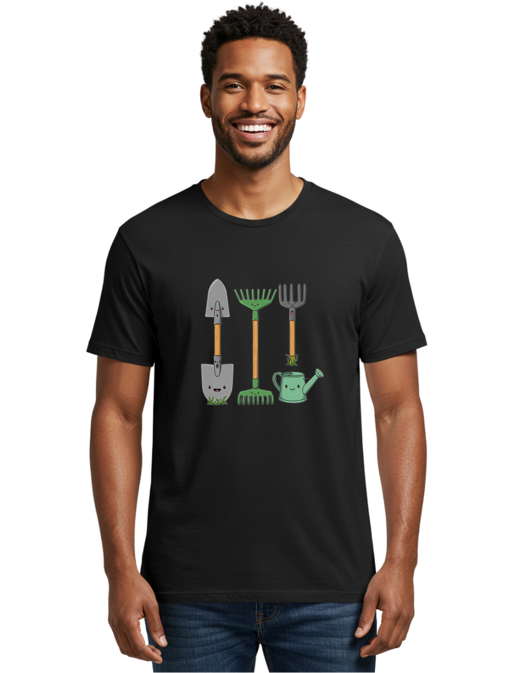 Garden-Tools Men'S Graphic Tee, 100% Cotton, Comfortable Casual Summer Wear, Machine Washable, Cartoon Gardening Tools, Shovel, Rake, Pitchfork, Watering Can, Gardening Supplies, Anthropomorphic Objects, Cartoon Characters, Garden Accessories, Baa711
