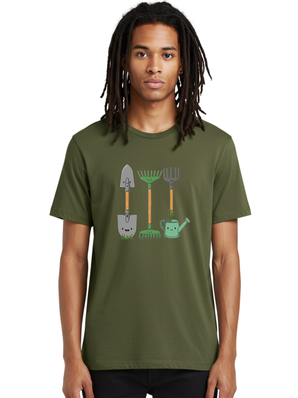 Garden-Tools Men'S Graphic Tee, 100% Cotton, Comfortable Casual Summer Wear, Machine Washable, Cartoon Gardening Tools, Shovel, Rake, Pitchfork, Watering Can, Gardening Supplies, Anthropomorphic Objects, Cartoon Characters, Garden Accessories, Baa711