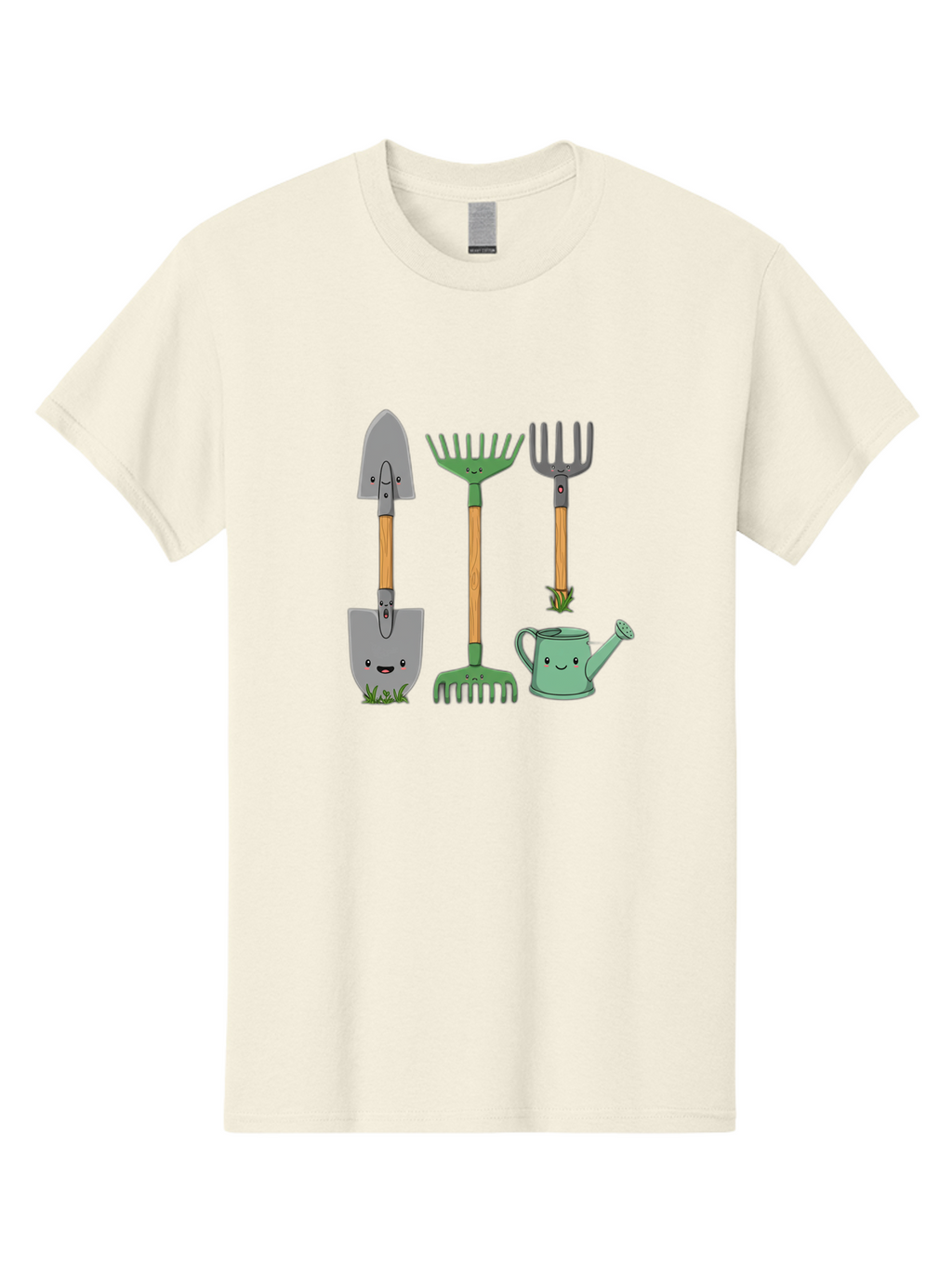 Garden-Tools Men'S Graphic Tee, 100% Cotton, Comfortable Casual Summer Wear, Machine Washable, Cartoon Gardening Tools, Shovel, Rake, Pitchfork, Watering Can, Gardening Supplies, Anthropomorphic Objects, Cartoon Characters, Garden Accessories, Baa711