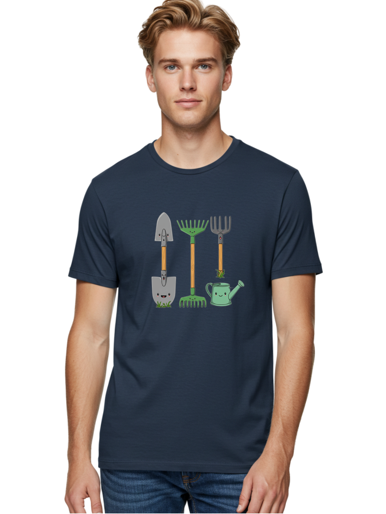 Garden-Tools Men'S Graphic Tee, 100% Cotton, Comfortable Casual Summer Wear, Machine Washable, Cartoon Gardening Tools, Shovel, Rake, Pitchfork, Watering Can, Gardening Supplies, Anthropomorphic Objects, Cartoon Characters, Garden Accessories, Baa711