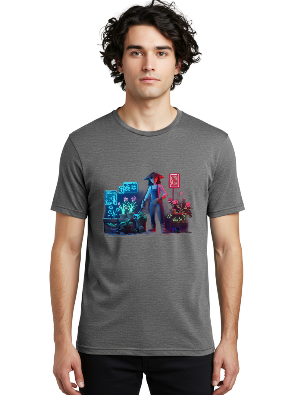 Gardener-1 Men'S Graphic Tee, 100% Cotton, Comfortable Casual Summer Wear, Machine Washable, Woman With Gardening Tool, Potted Plants, Futuristic Neon Signs, Smart Gardening, Innovative Agriculture, Digital Farming, Modern Farmer Baa712