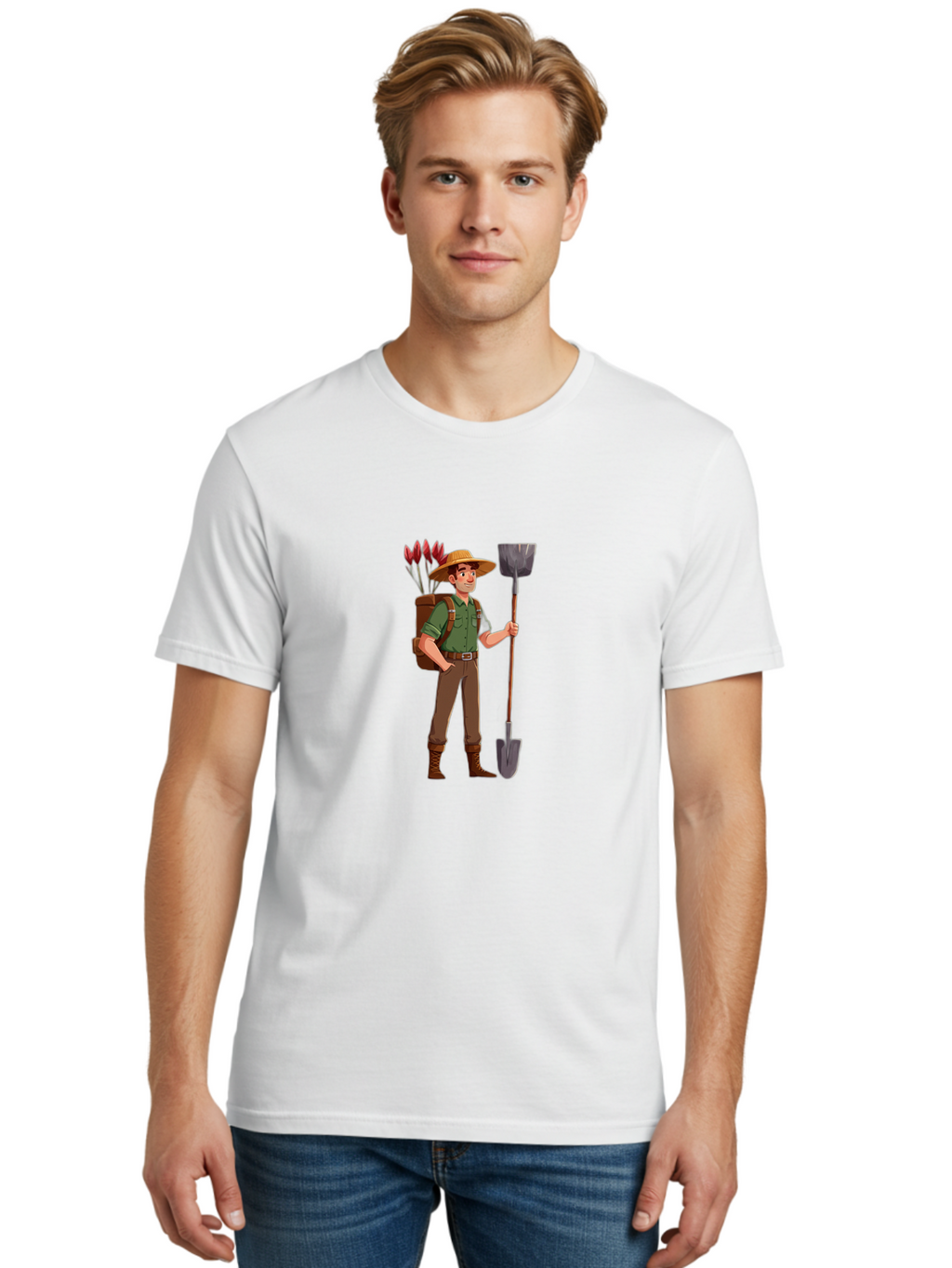 Gardener-2 Men'S Graphic Tee, 100% Cotton, Comfortable Casual Summer Wear, Machine Washable, Gardener Holding Shovel, Gardening Tools, Floral Arrangements, Gardening Hat, Green Shirt, Brown Pants, Boots, Gardening Backpack Baa713