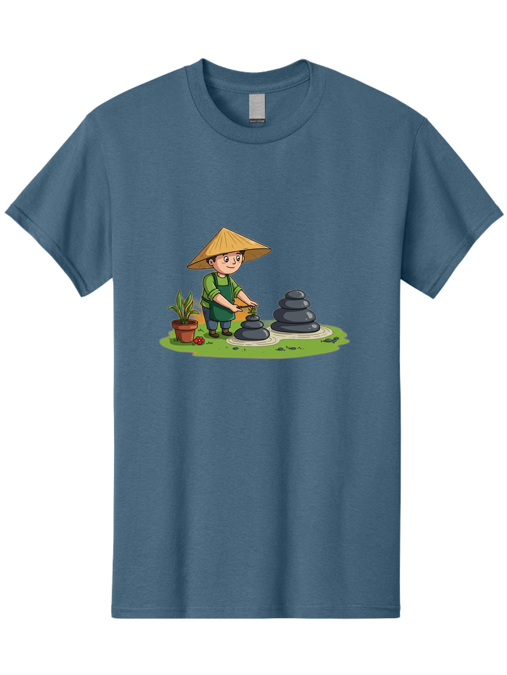 Gardener-Creating-Zen-Garden Men'S Graphic Tee, 100% Cotton, Comfortable Casual Summer Wear, Machine Washable, Gardener Wearing Traditional Hat, Stacking Stones, Zen Garden, Peaceful Atmosphere, Outdoor Scenery, Natural Beauty, Gardening, Baa714