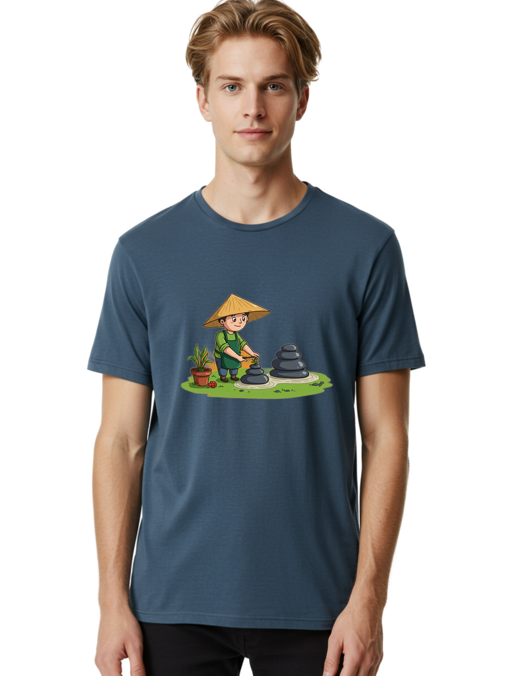 Gardener-Creating-Zen-Garden Men'S Graphic Tee, 100% Cotton, Comfortable Casual Summer Wear, Machine Washable, Gardener Wearing Traditional Hat, Stacking Stones, Zen Garden, Peaceful Atmosphere, Outdoor Scenery, Natural Beauty, Gardening, Baa714