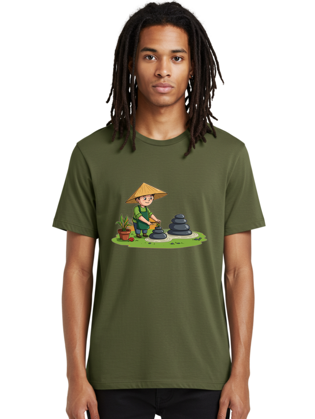 Gardener-Creating-Zen-Garden Men'S Graphic Tee, 100% Cotton, Comfortable Casual Summer Wear, Machine Washable, Gardener Wearing Traditional Hat, Stacking Stones, Zen Garden, Peaceful Atmosphere, Outdoor Scenery, Natural Beauty, Gardening, Baa714