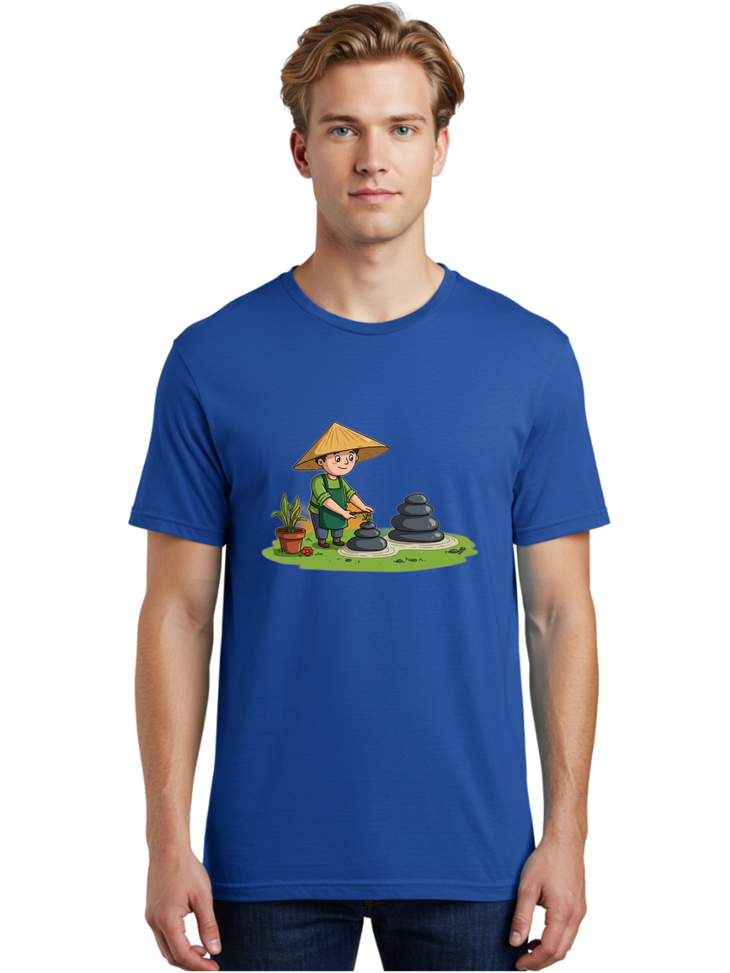 Gardener-Creating-Zen-Garden Men'S Graphic Tee, 100% Cotton, Comfortable Casual Summer Wear, Machine Washable, Gardener Wearing Traditional Hat, Stacking Stones, Zen Garden, Peaceful Atmosphere, Outdoor Scenery, Natural Beauty, Gardening, Baa714