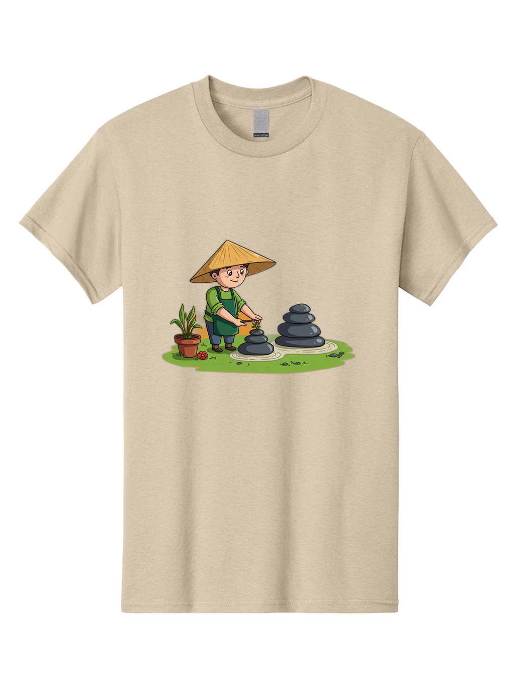 Gardener-Creating-Zen-Garden Men'S Graphic Tee, 100% Cotton, Comfortable Casual Summer Wear, Machine Washable, Gardener Wearing Traditional Hat, Stacking Stones, Zen Garden, Peaceful Atmosphere, Outdoor Scenery, Natural Beauty, Gardening, Baa714