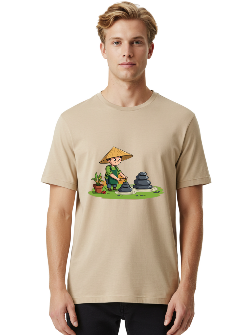 Gardener-Creating-Zen-Garden Men'S Graphic Tee, 100% Cotton, Comfortable Casual Summer Wear, Machine Washable, Gardener Wearing Traditional Hat, Stacking Stones, Zen Garden, Peaceful Atmosphere, Outdoor Scenery, Natural Beauty, Gardening, Baa714