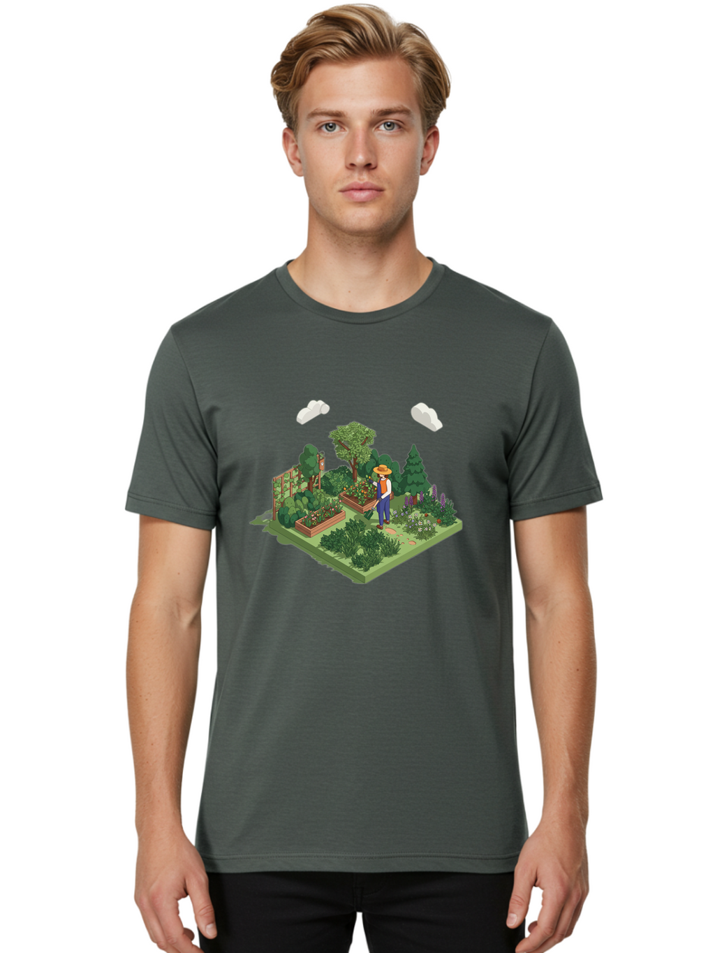 Gardener-In-Garden Men'S Graphic Tee, 100% Cotton, Comfortable Casual Summer Wear, Machine Washable, Gardener Tending Plants, Lush Greenery, Vibrant Flowers, Serene Atmosphere, Gardening Activities, Outdoor Space, Cultivating Nature, Baa715