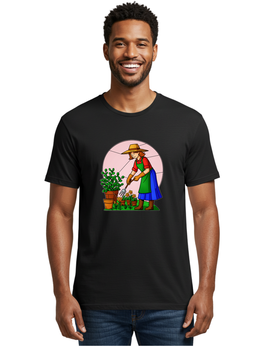 Gardener-Tending-Plants Men'S Graphic Tee, 100% Cotton, Comfortable Casual Summer Wear, Machine Washable, Gardening, Woman Gardening, Tending Potted Plants, Cactus, Flowers, Gardening Tools, Outdoor Activity, Nurturing Plants, Baa716