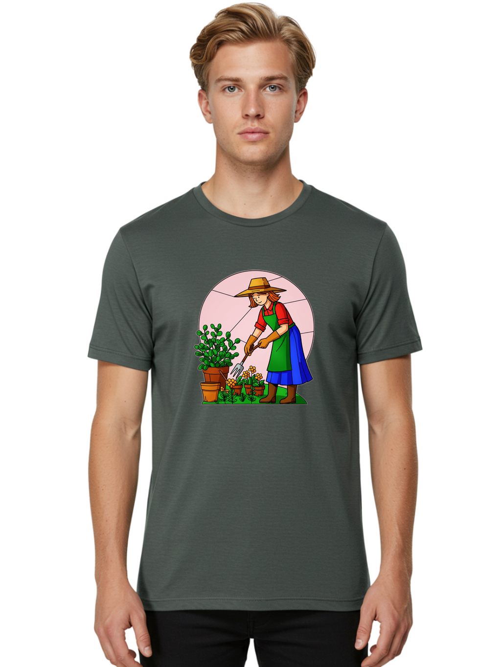 Gardener-Tending-Plants Men'S Graphic Tee, 100% Cotton, Comfortable Casual Summer Wear, Machine Washable, Gardening, Woman Gardening, Tending Potted Plants, Cactus, Flowers, Gardening Tools, Outdoor Activity, Nurturing Plants, Baa716