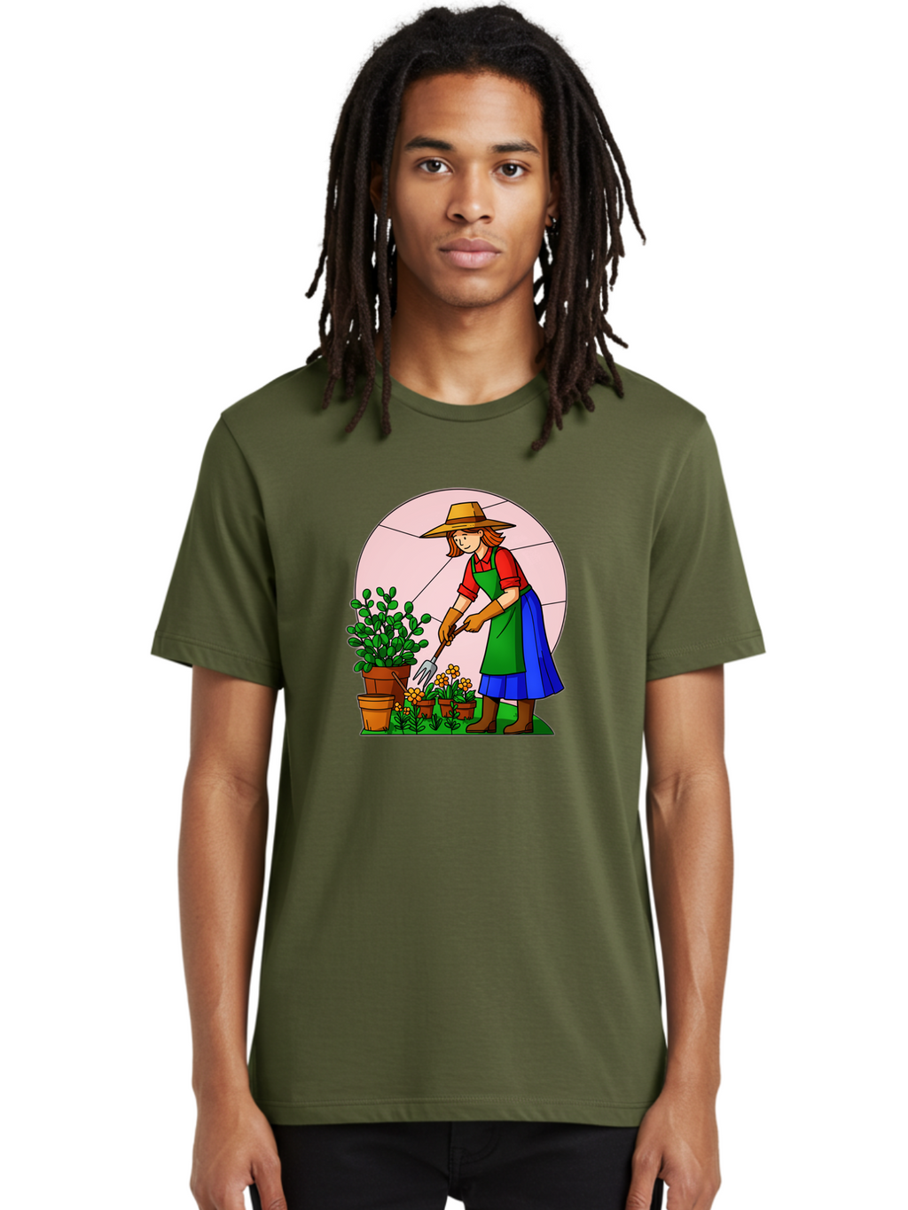 Gardener-Tending-Plants Men'S Graphic Tee, 100% Cotton, Comfortable Casual Summer Wear, Machine Washable, Gardening, Woman Gardening, Tending Potted Plants, Cactus, Flowers, Gardening Tools, Outdoor Activity, Nurturing Plants, Baa716