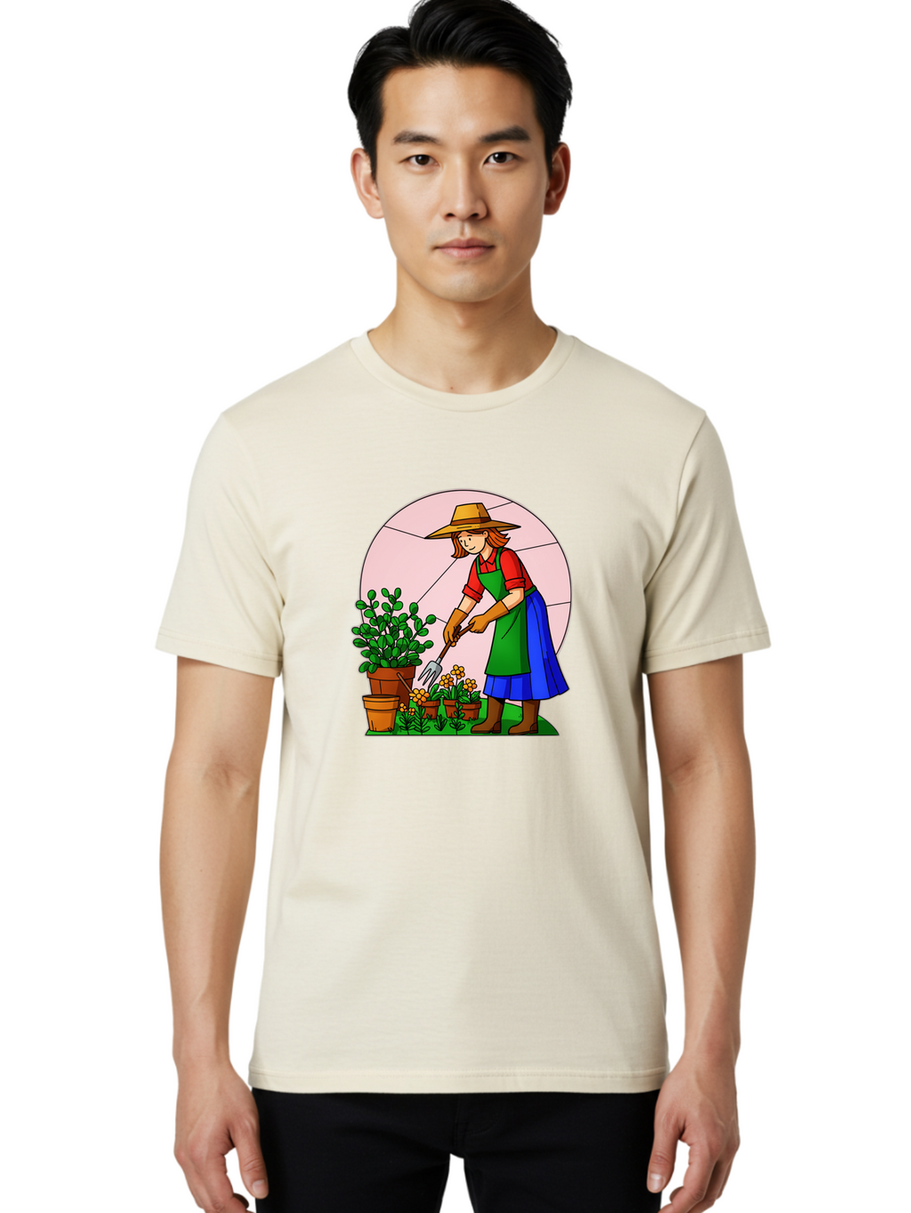 Gardener-Tending-Plants Men'S Graphic Tee, 100% Cotton, Comfortable Casual Summer Wear, Machine Washable, Gardening, Woman Gardening, Tending Potted Plants, Cactus, Flowers, Gardening Tools, Outdoor Activity, Nurturing Plants, Baa716