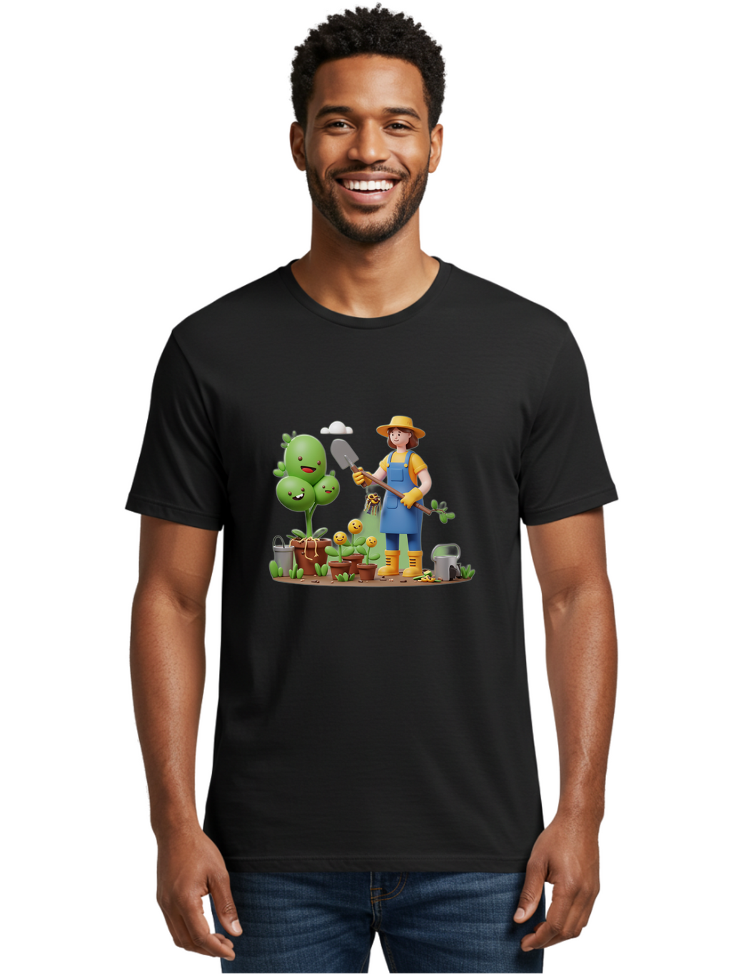 Gardener-With-Cartoon-Plants Men'S Graphic Tee, 100% Cotton, Comfortable Casual Summer Wear, Machine Washable, Cartoon Gardener, Gardening Tools, Potted Plants, Smiling Plants, Gardening Gloves, Watering Can, Gardening Overalls, Baa717